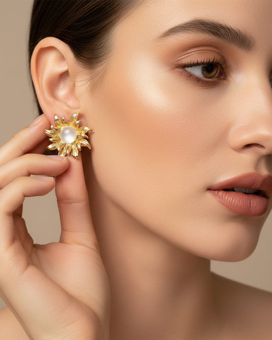 The Gala Gold Sunflower Stud Earrings With White Center
