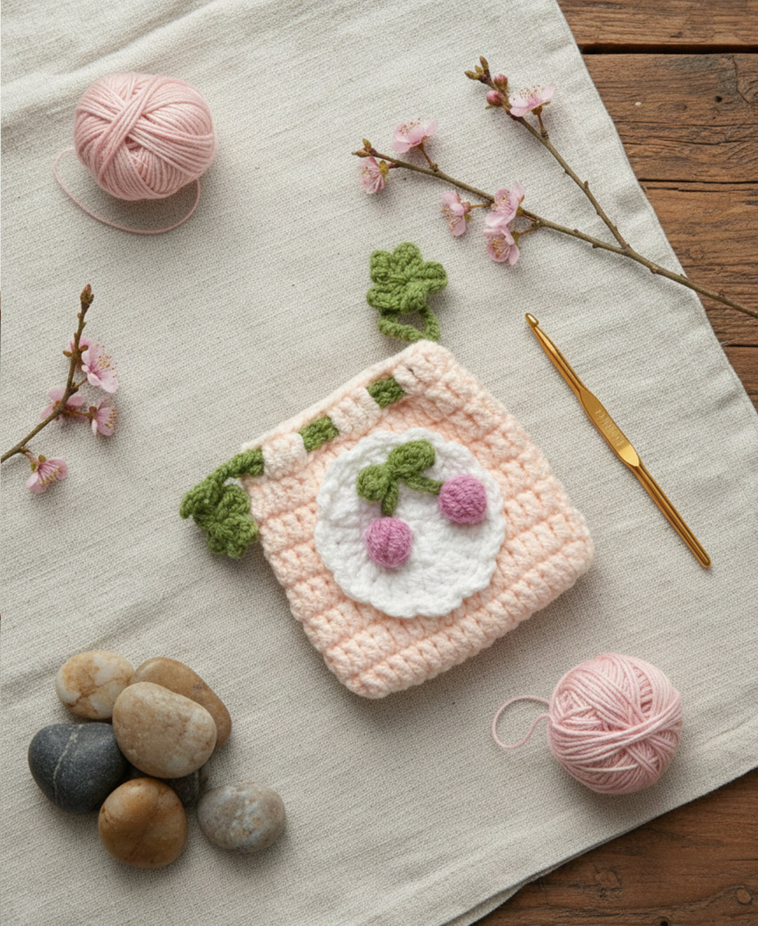 Handmade Crochet Pink Cherry Pouch